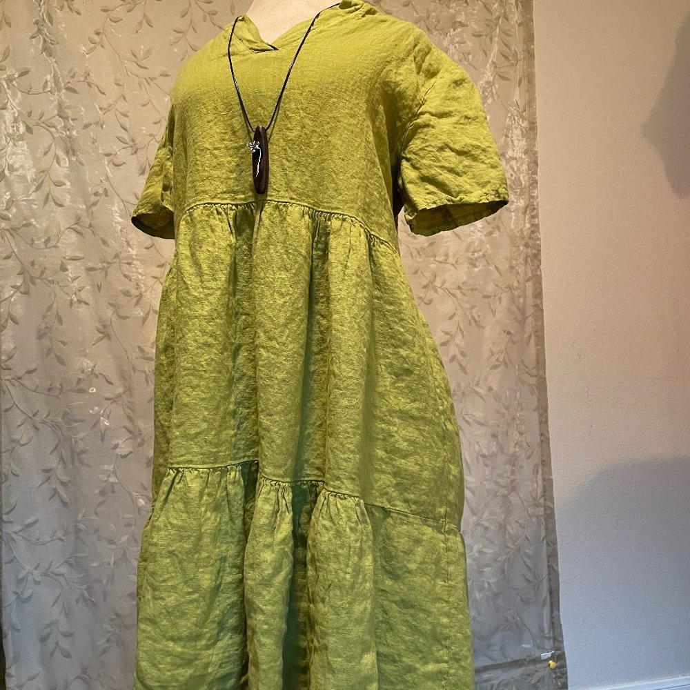 Francesca Bettini Women's 100% Linen Midi Dress  Size S Green Tiered Design NEW